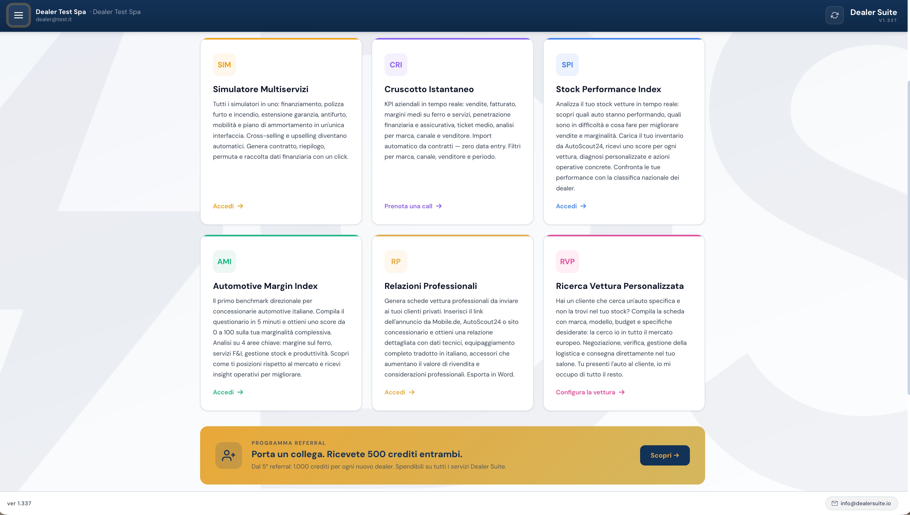 Dashboard Dealer Suite con i sei moduli